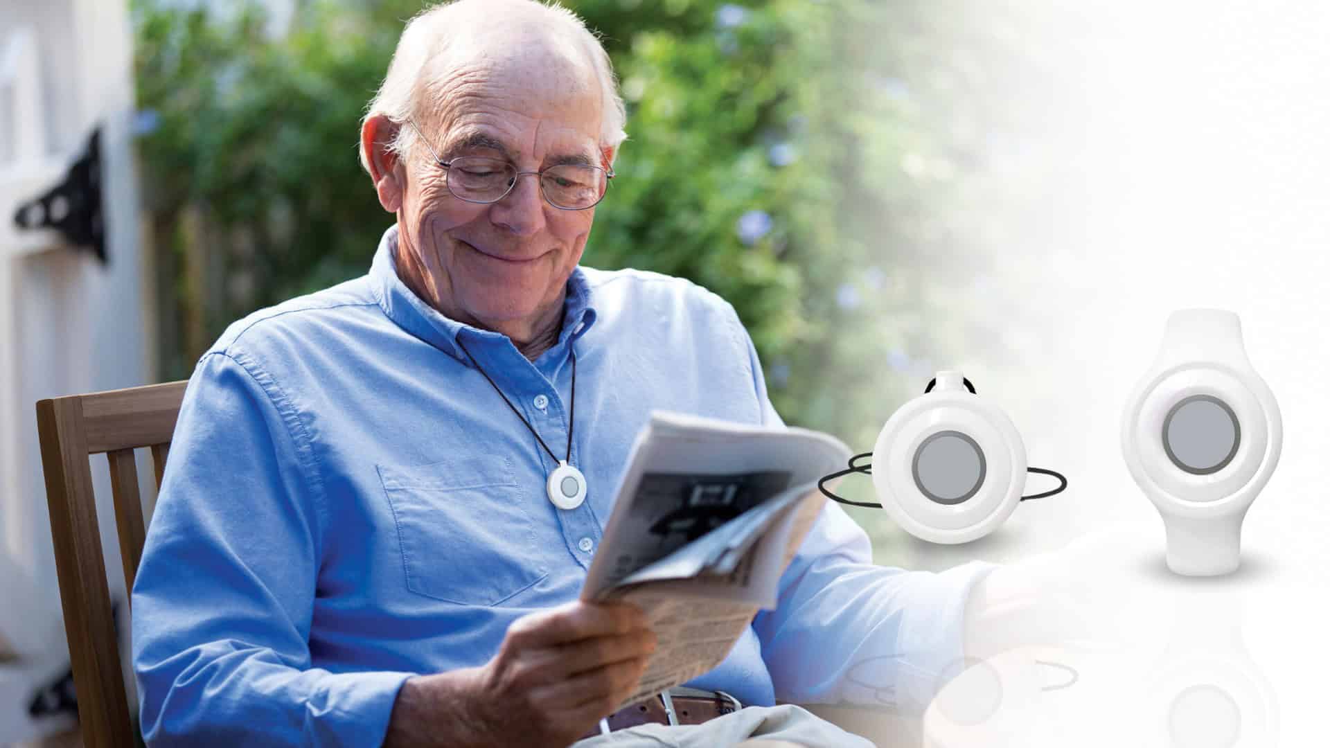 Women wearing lifeline. HomeSafe displayed next to her