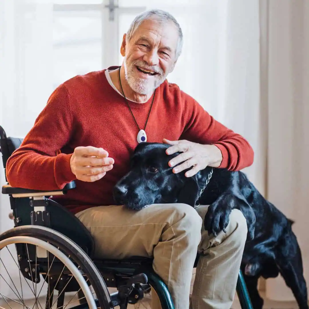 Man in wheelchair with fall detection Lifeline Man in wheelchair with fall detection Lifeline